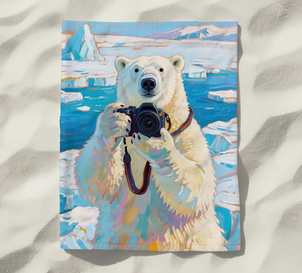 Orso polare con telecamera in mano telo mare da Slash Shop