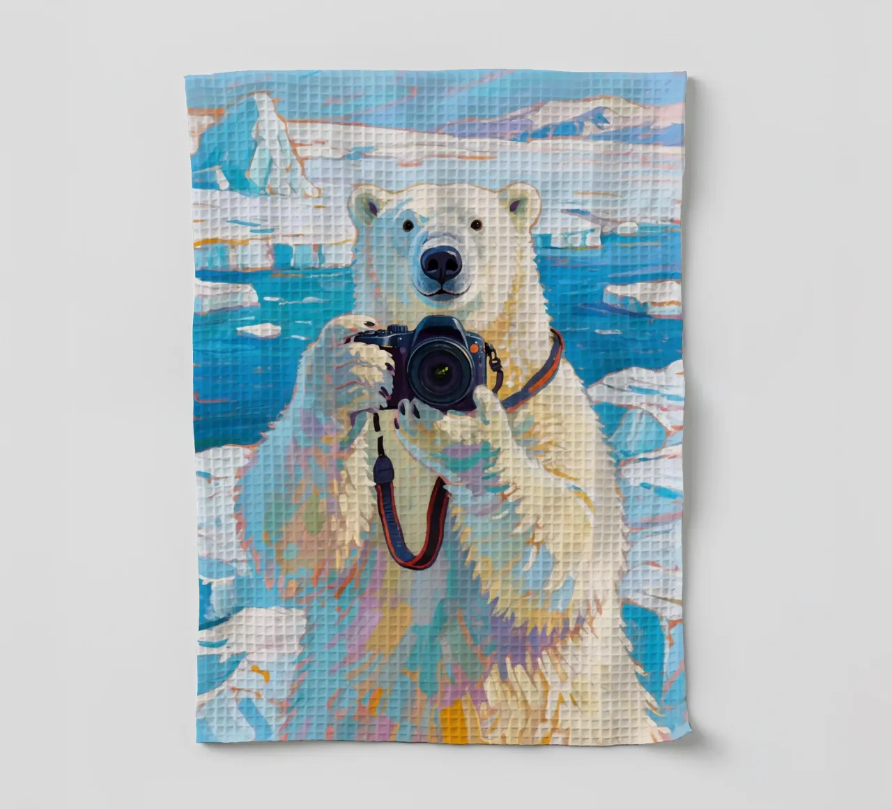 Orso polare con telecamera in mano canovaccio da cucina da Slash Shop