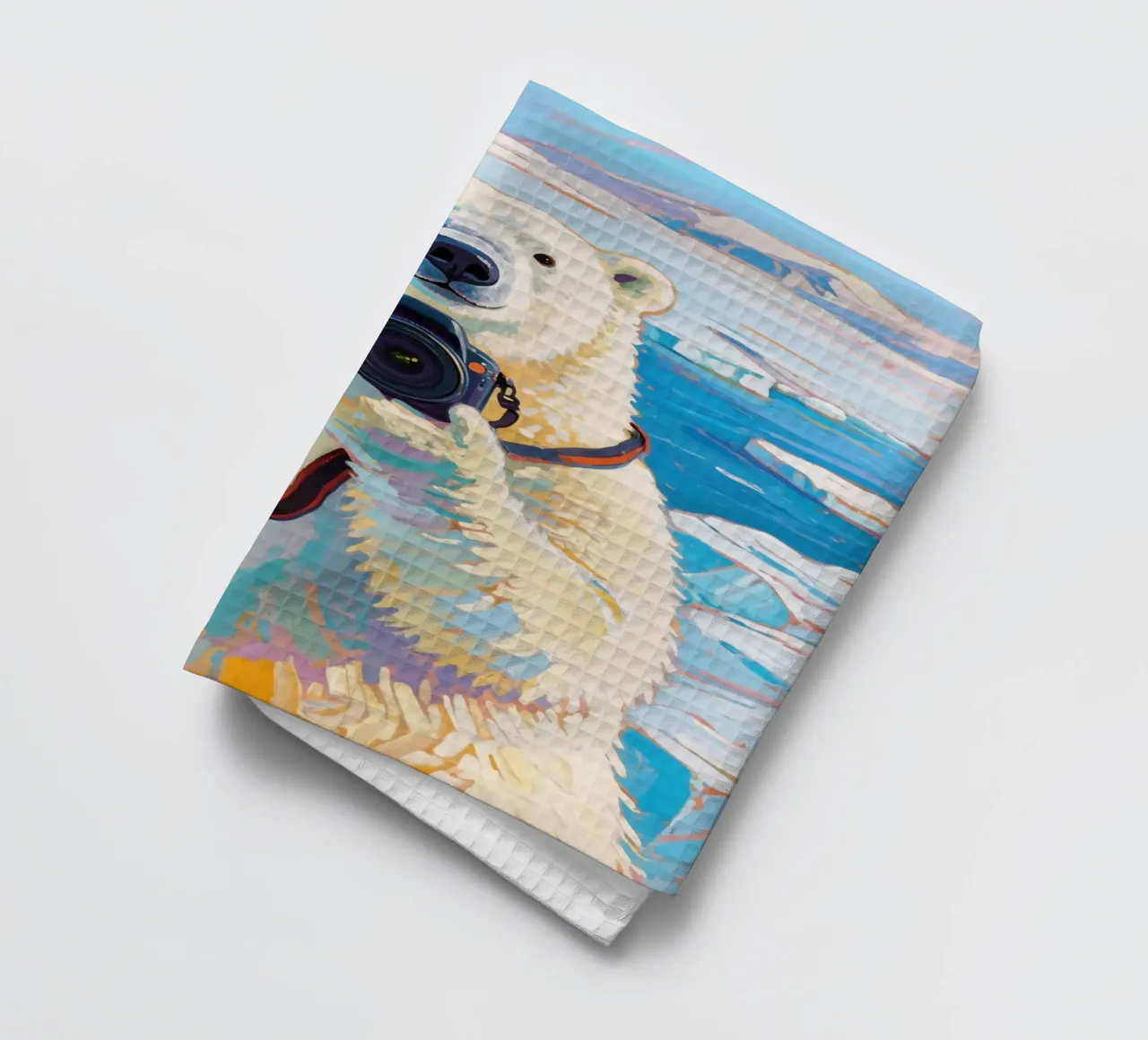 Orso polare con telecamera in mano canovaccio da cucina da Slash Shop