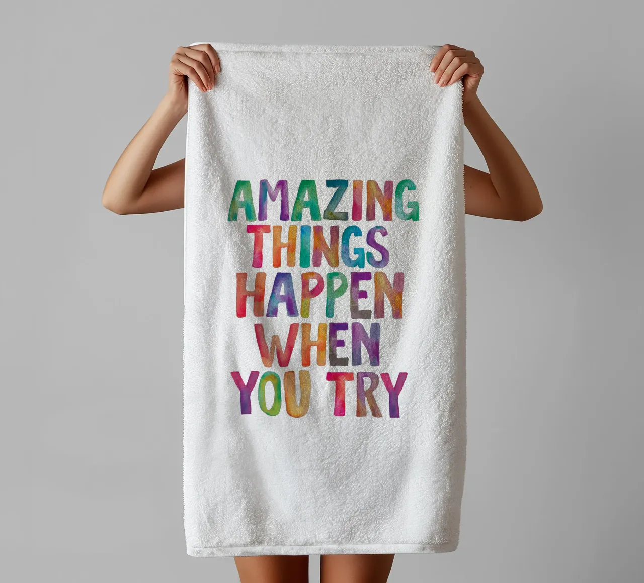 Amazing Things Happen When You Try Typography Design towel by THE MOTIVATED TYPE