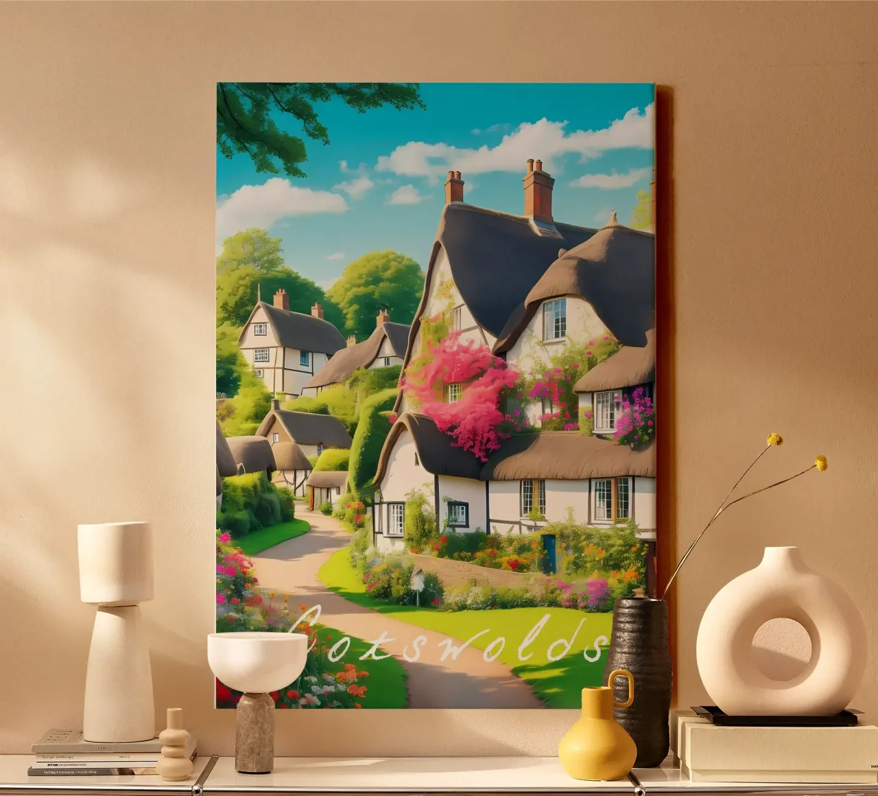 Scena di villaggio Cotswolds Inghilterra tela con Cornice a cassetta da Charnwood Prints