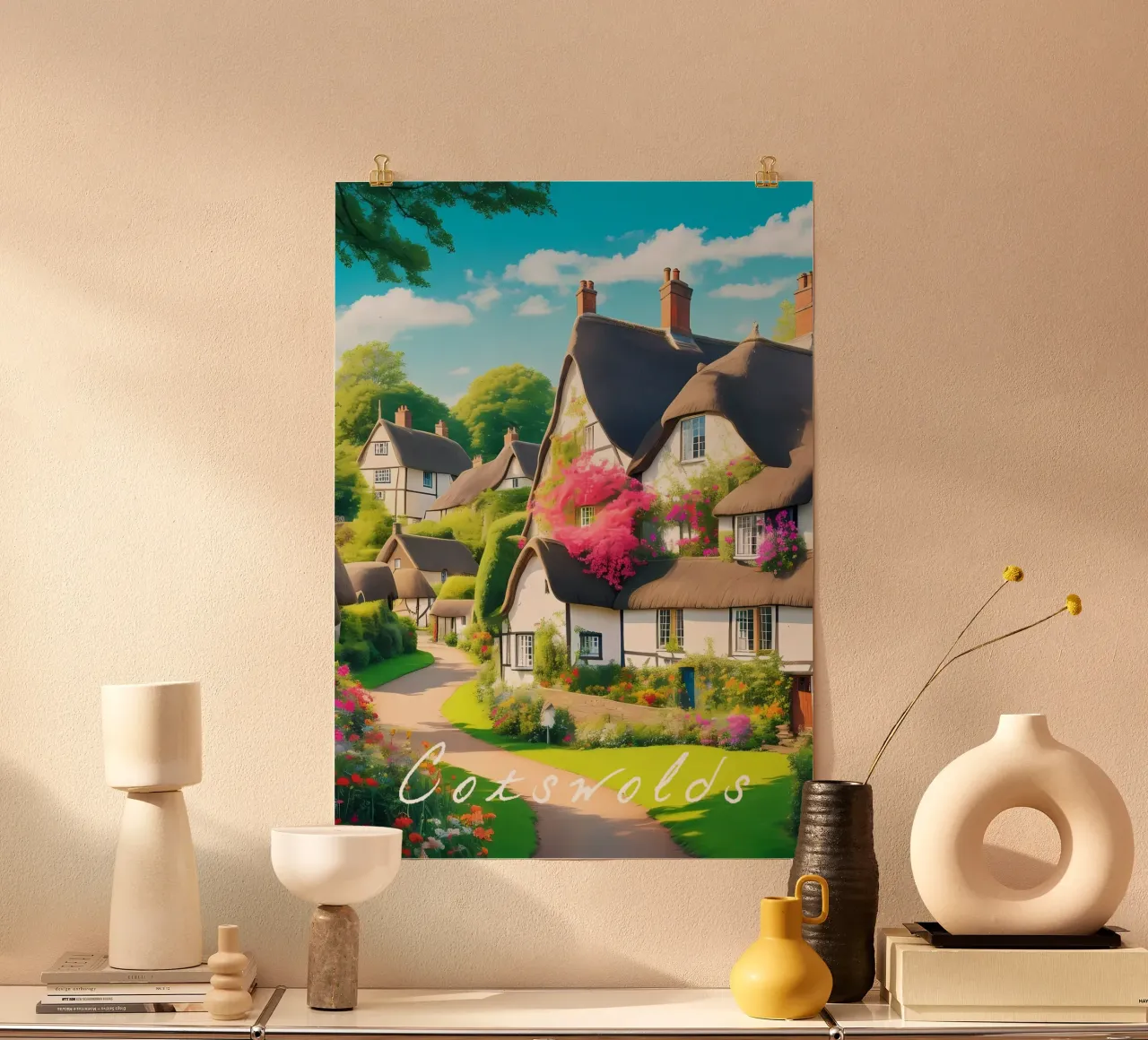 Scena di villaggio Cotswolds Inghilterra poster da Charnwood Prints