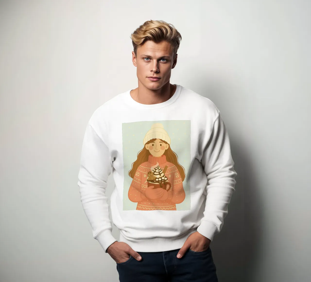 DONNA CHE TIENE IN MANO UNA CIOCCOLATA CALDA CON UN OMINO DI PAN DI ZENZERO felpa da CHRISTMAS ART