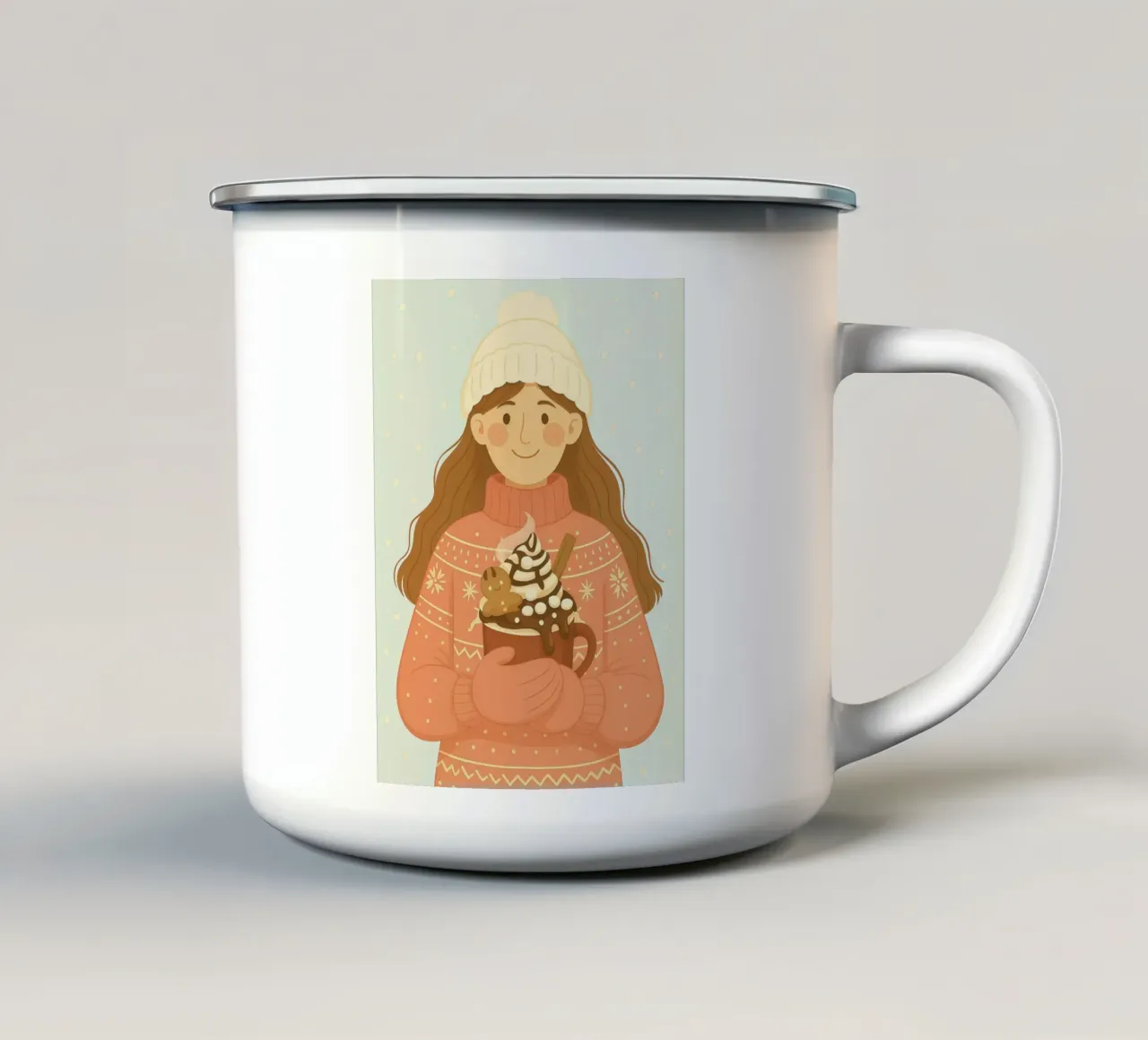 DONNA CHE TIENE IN MANO UNA CIOCCOLATA CALDA CON UN OMINO DI PAN DI ZENZERO tazza in smalto da CHRISTMAS ART