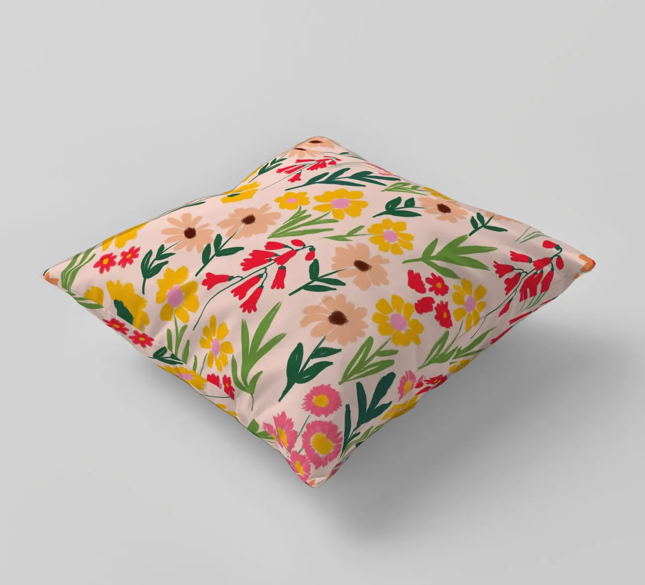 Happy Florals in Warm Yellow and Coral Pink decorative cushion by Petra Lang - Floral Art