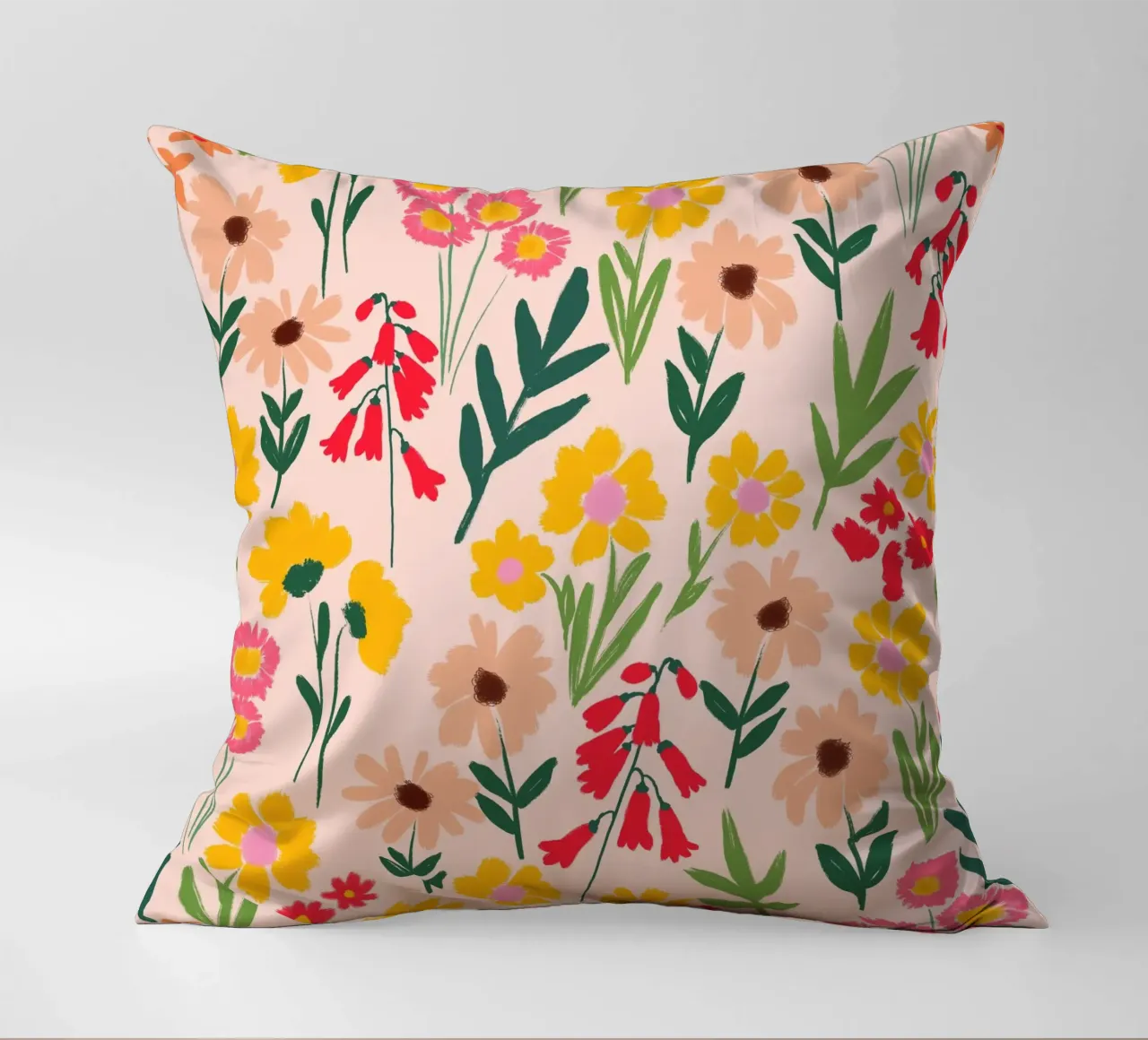 Happy Florals in Warm Yellow and Coral Pink decorative cushion by Petra Lang - Floral Art