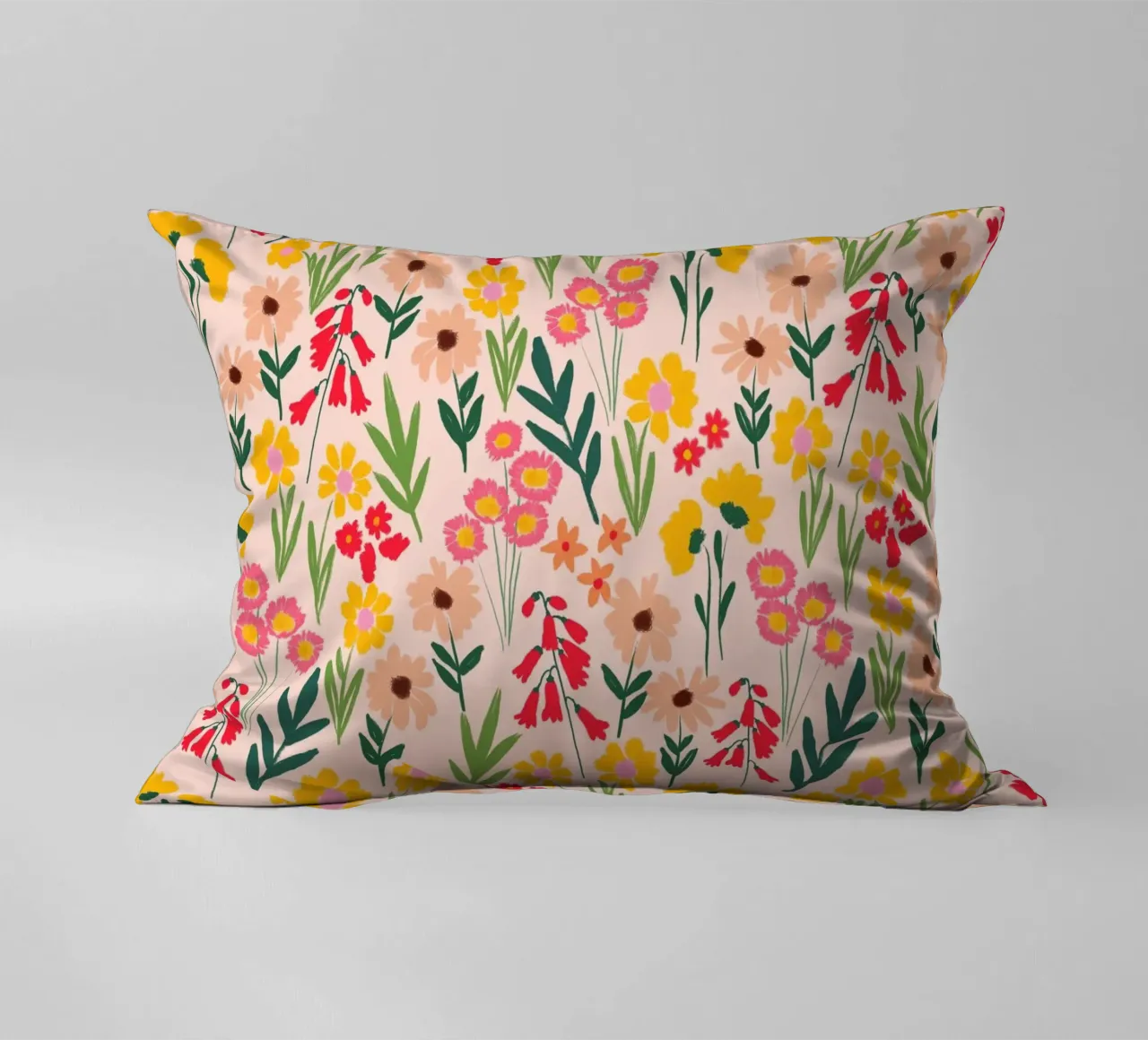 Happy Florals in Warm Yellow and Coral Pink decorative cushion by Petra Lang - Floral Art