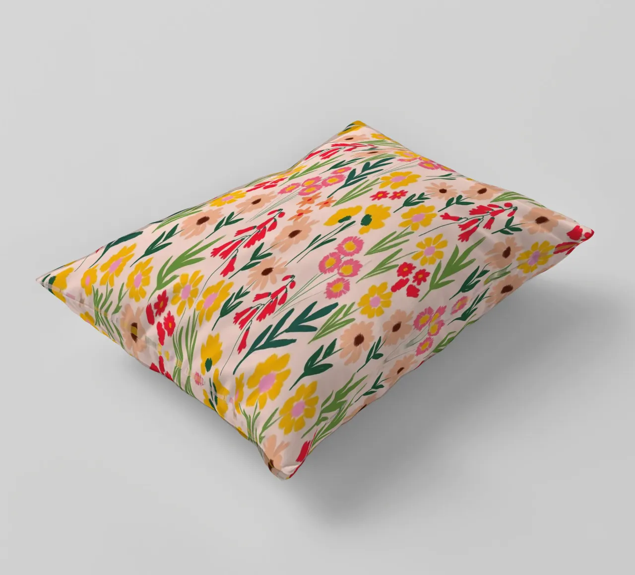 Happy Florals in Warm Yellow and Coral Pink decorative cushion by Petra Lang - Floral Art