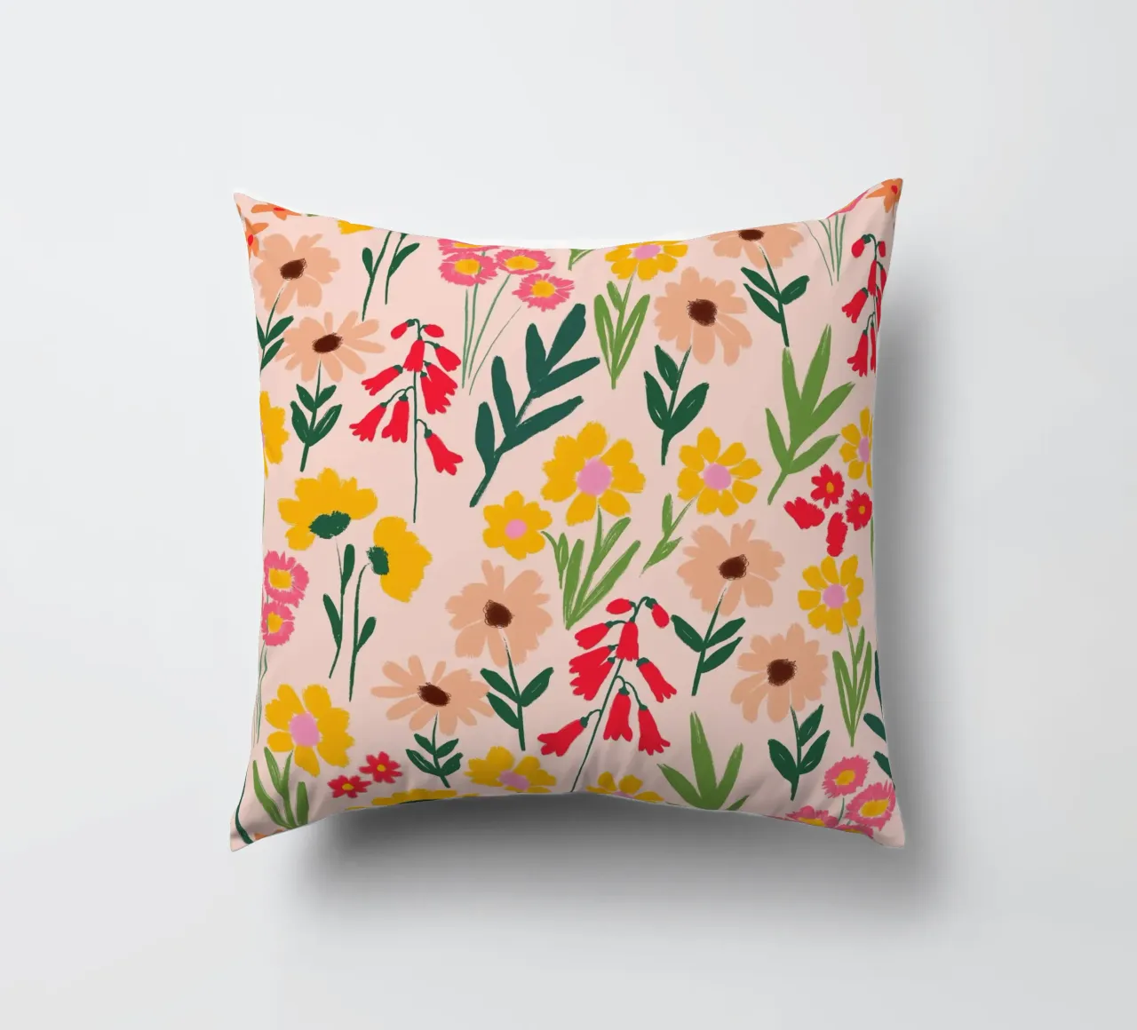 Happy Florals in Warm Yellow and Coral Pink decorative cushion by Petra Lang - Floral Art