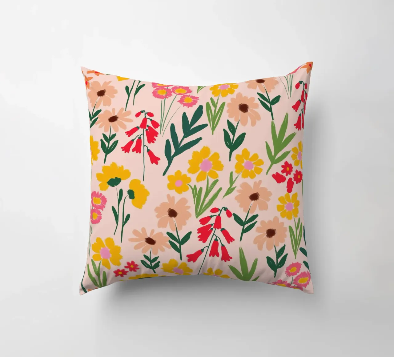 Happy Florals in Warm Yellow and Coral Pink decorative cushion by Petra Lang - Floral Art