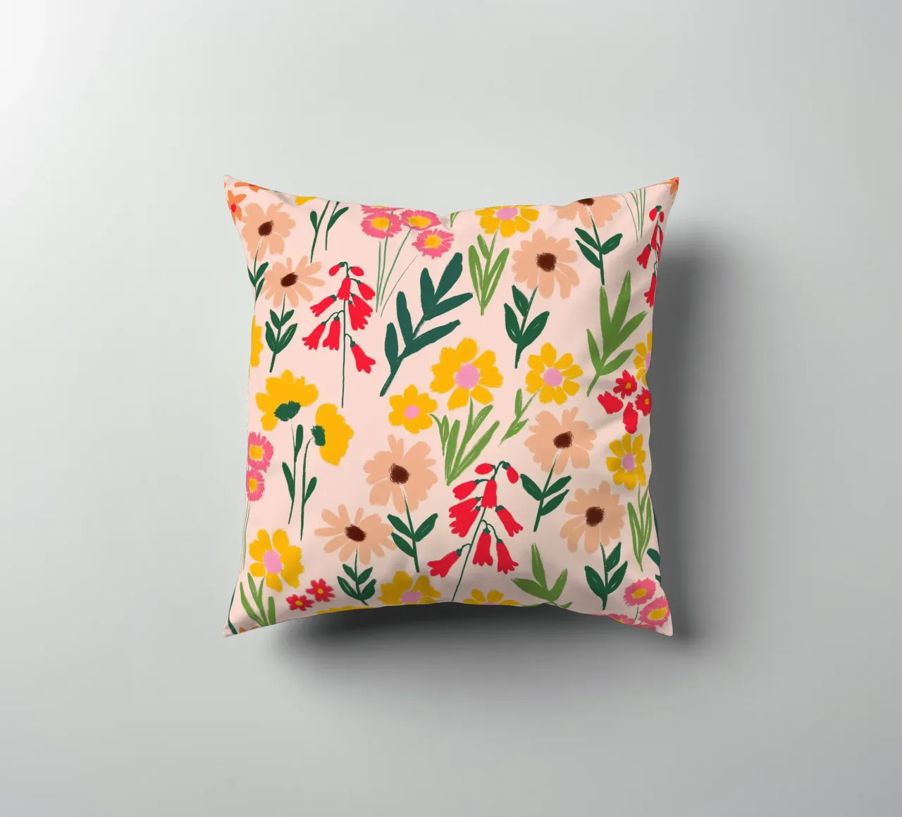 Happy Florals in Warm Yellow and Coral Pink decorative cushion by Petra Lang - Floral Art