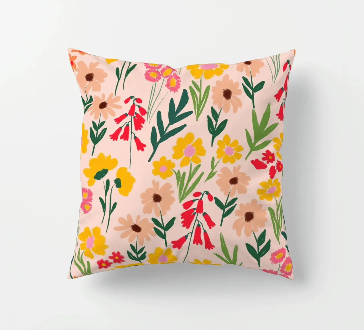 Happy Florals in Warm Yellow and Coral Pink decorative cushion by Petra Lang - Floral Art
