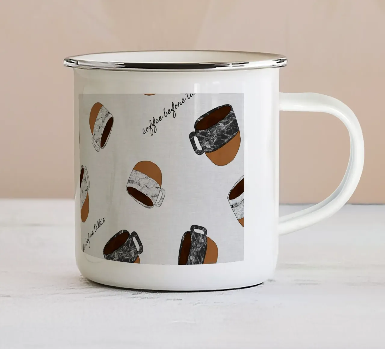 Kaffee vor dem Tonfilm Emaille Tasse von Orara Studio