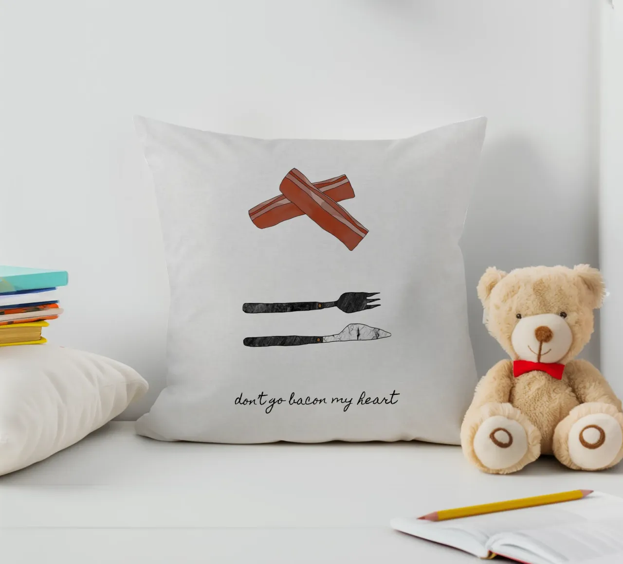 Don't Go Bacon My Heart decorative cushion by Orara Studio