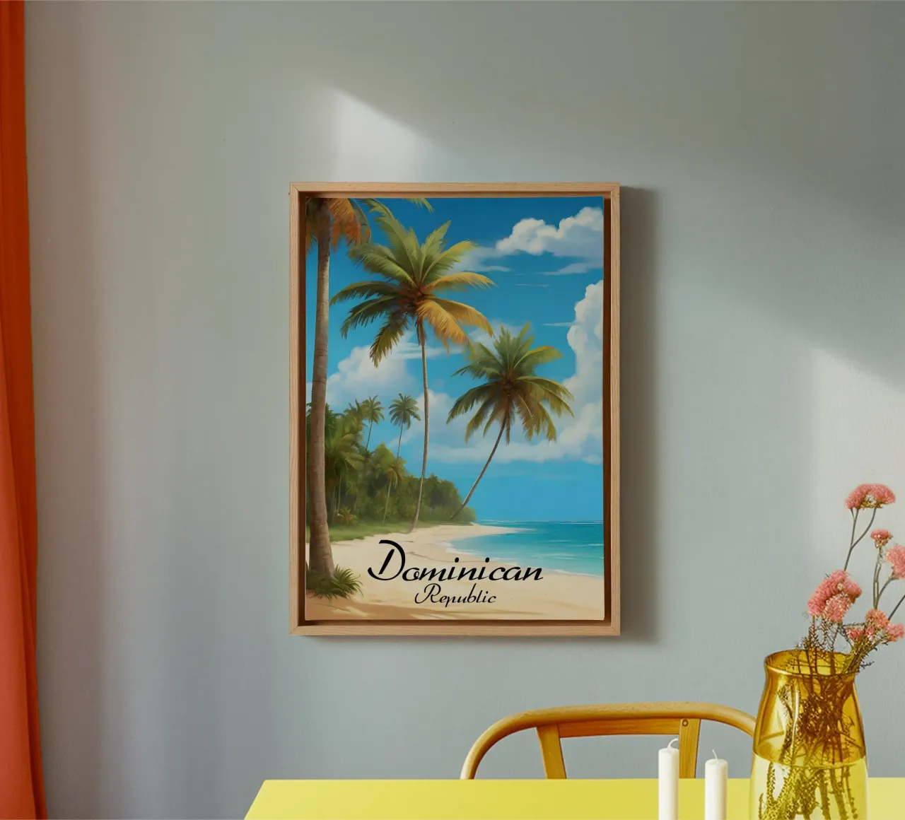 Scena di spiaggia tropicale della Repubblica Dominicana tela con Cornice a cassetta da Charnwood Prints