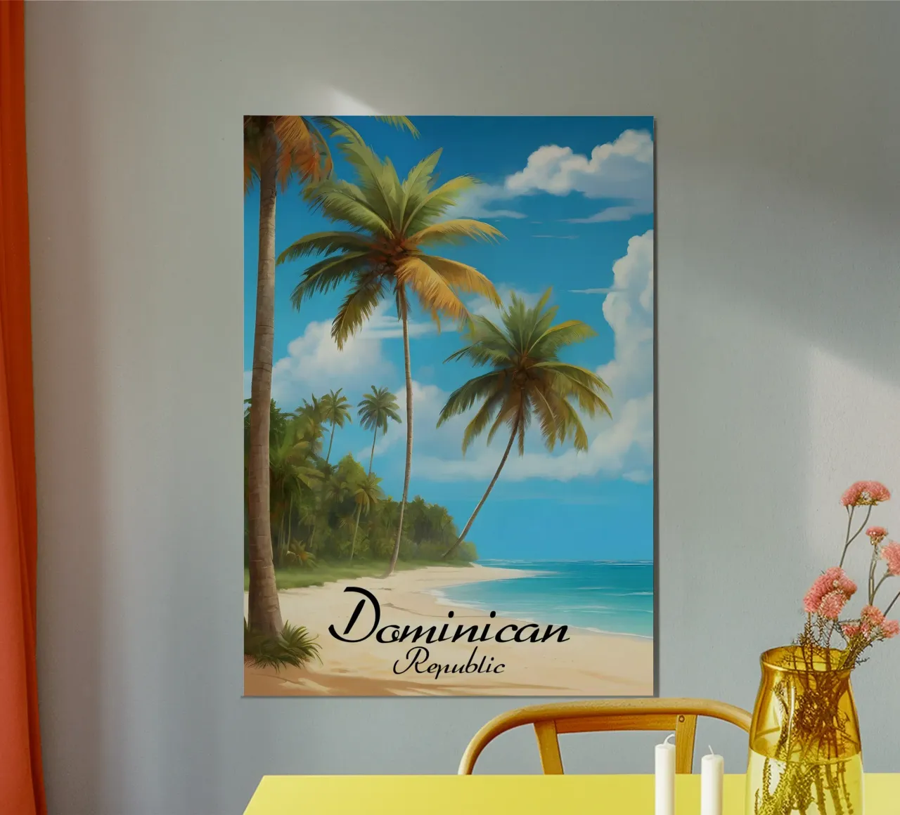 Scena di spiaggia tropicale della Repubblica Dominicana poster con telaio in alluminio da Charnwood Prints