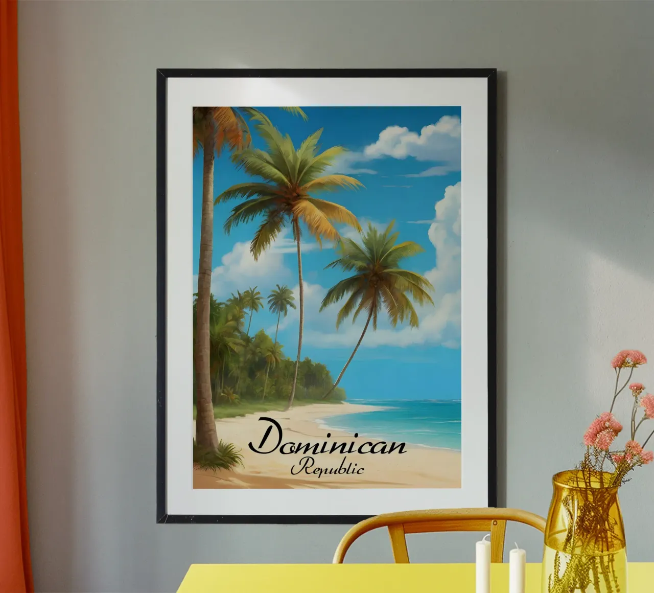 Scena di spiaggia tropicale della Repubblica Dominicana poster con telaio in alluminio da Charnwood Prints