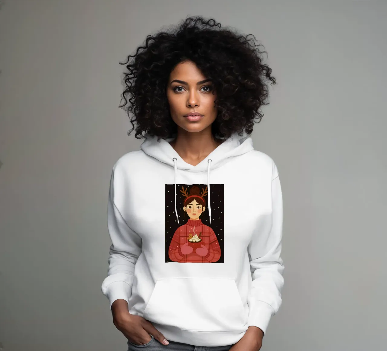 NATALE DONNA CALMA CON IN MANO UNA CIOCCOLATA CALDA felpa con cappuccio da CHRISTMAS ART