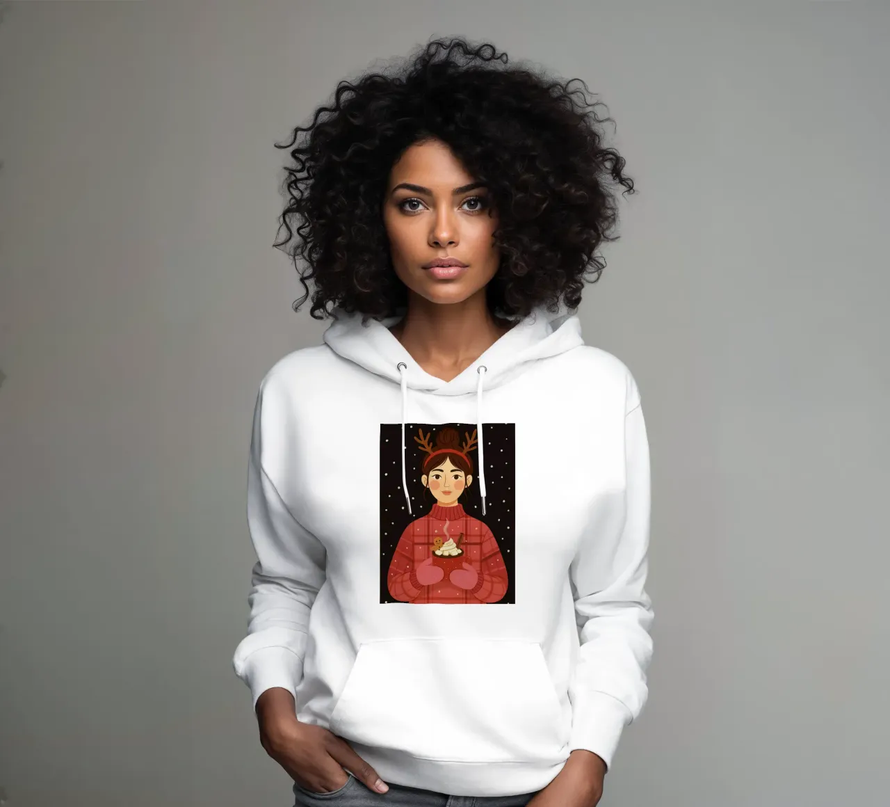 NATALE DONNA CALMA CON IN MANO UNA CIOCCOLATA CALDA felpa con cappuccio da CHRISTMAS ART