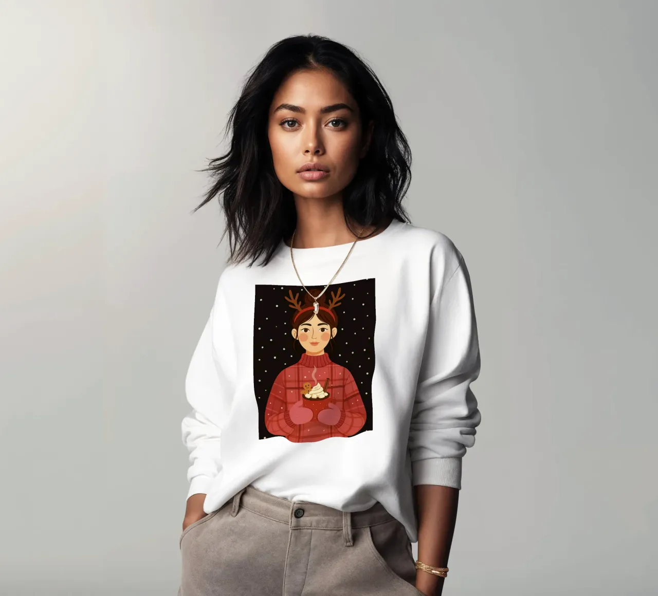 NATALE DONNA CALMA CON IN MANO UNA CIOCCOLATA CALDA felpa da CHRISTMAS ART