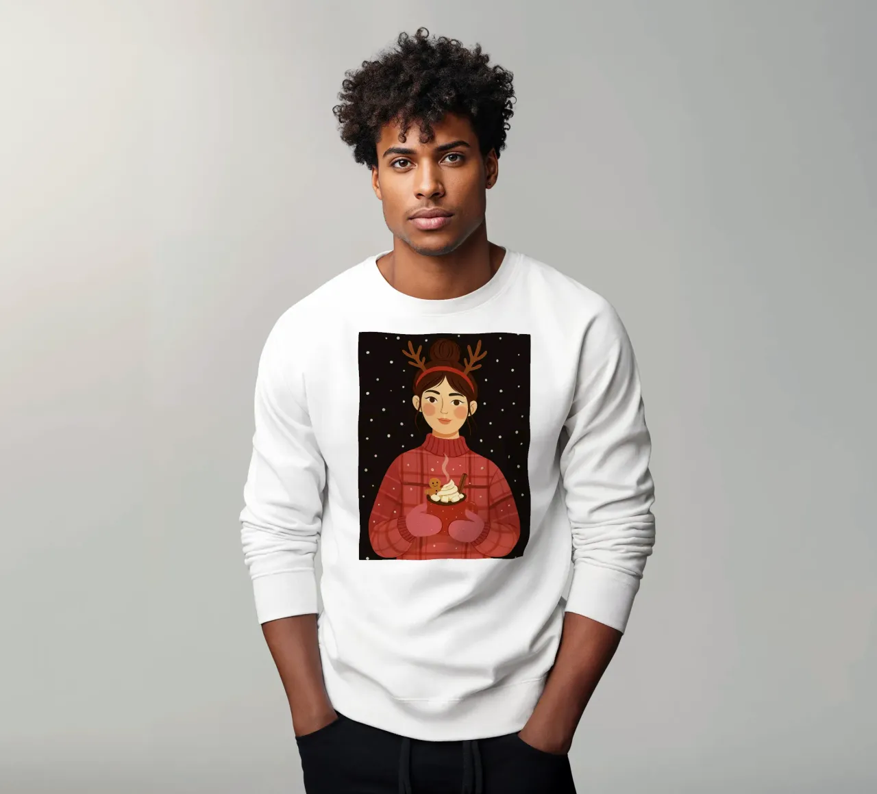 NATALE DONNA CALMA CON IN MANO UNA CIOCCOLATA CALDA felpa da CHRISTMAS ART