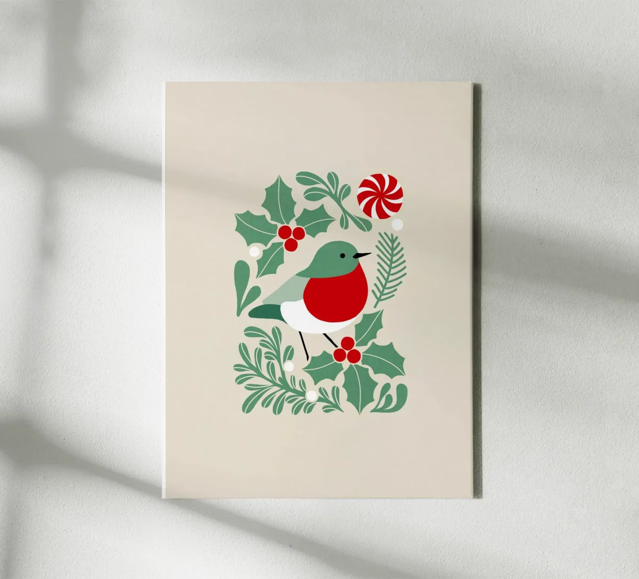 Kerst Robin met hulst - Minimal Art Nouveau canvas van Dominique Vari Christmas