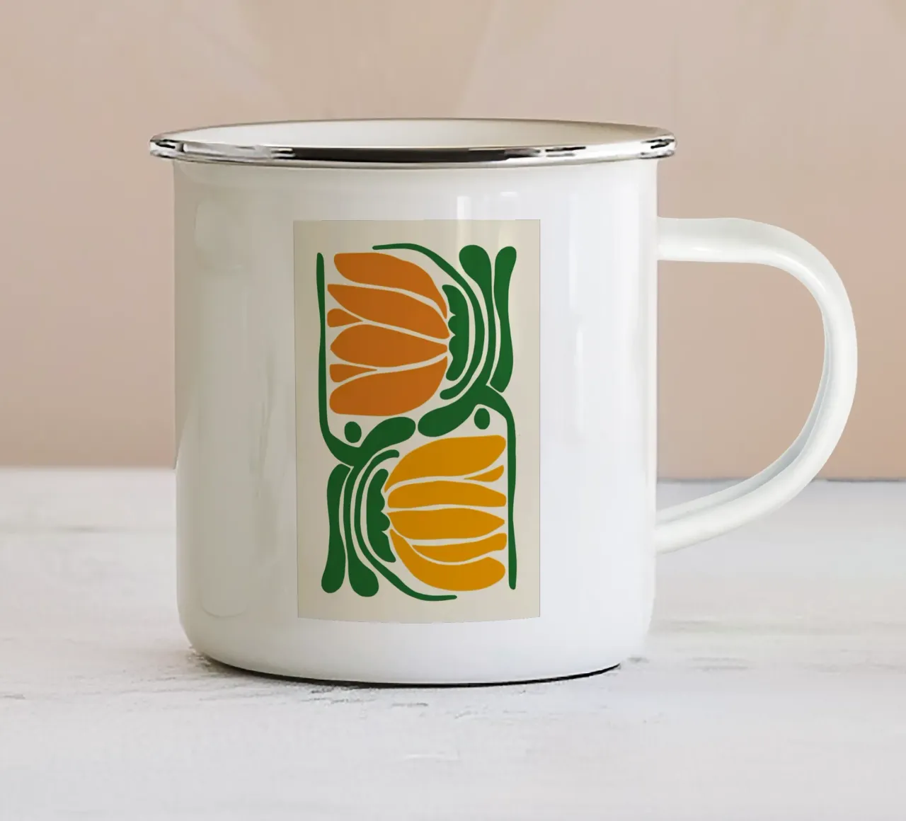 Astrazione botanica in verde e arancione tazza in smalto da Autofocus