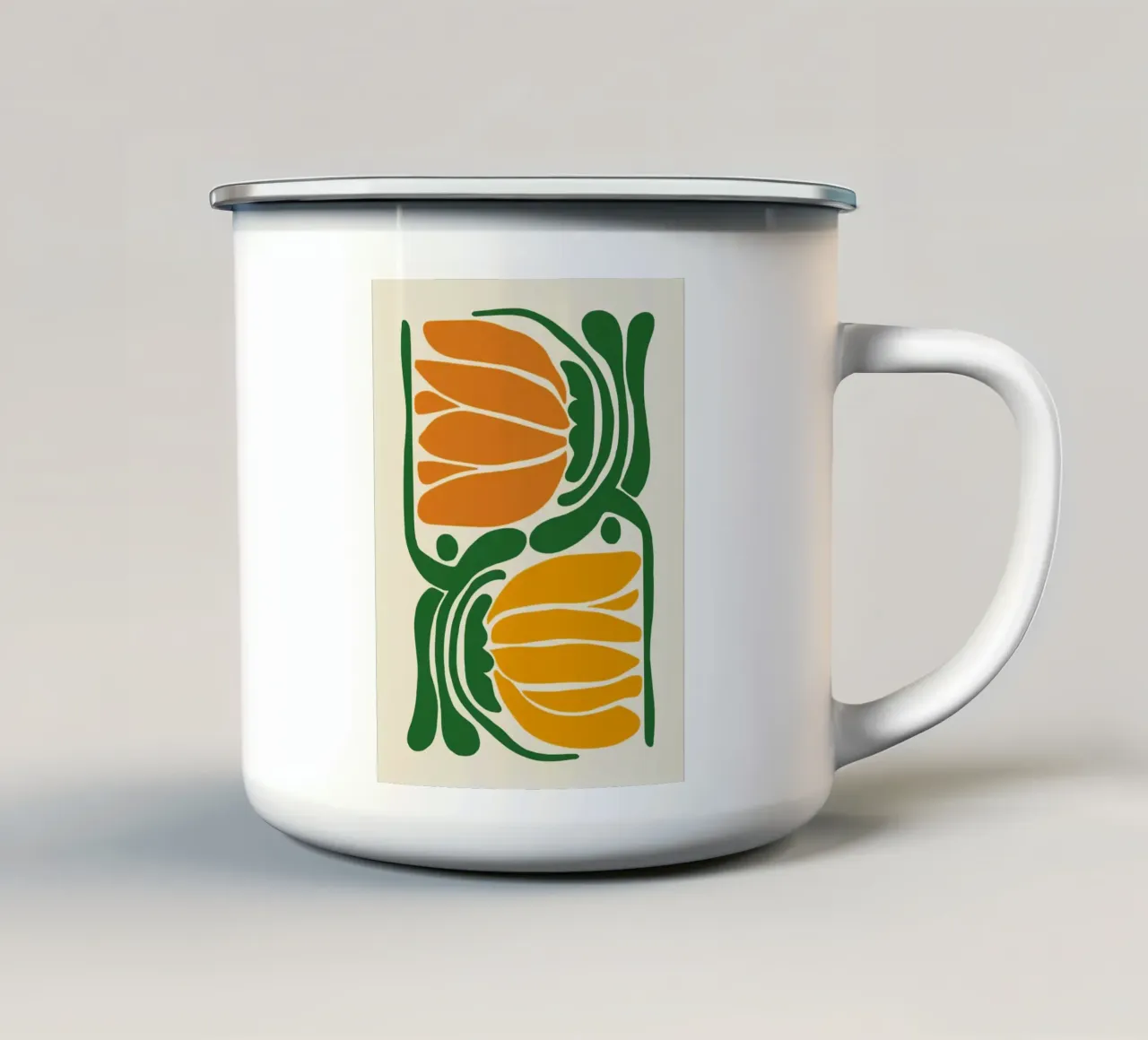 Astrazione botanica in verde e arancione tazza in smalto da Autofocus