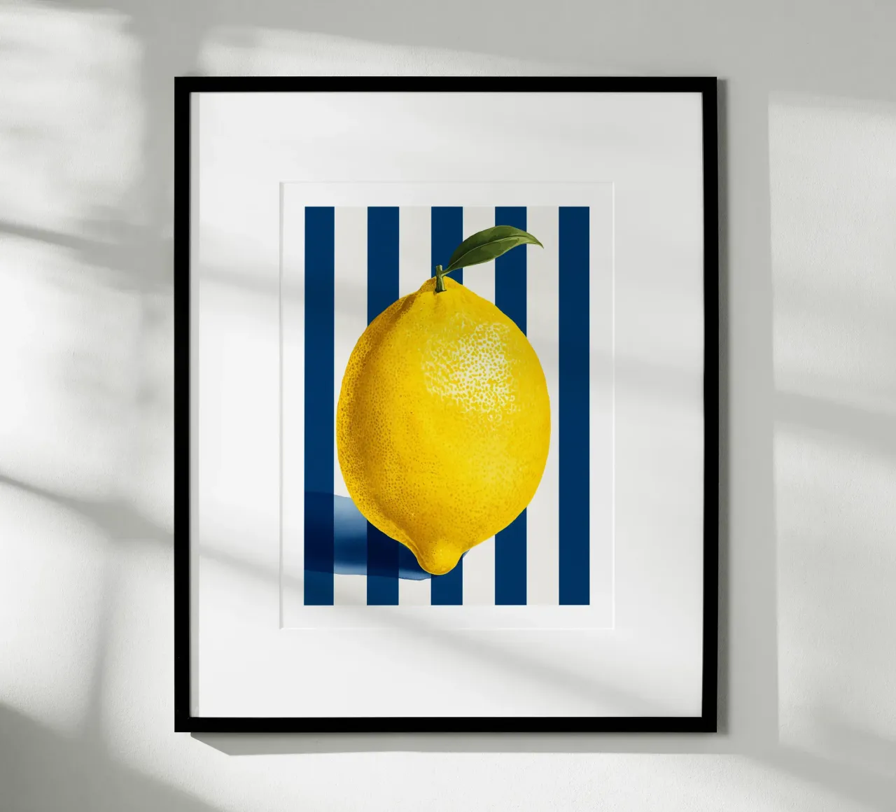 Lemon with Leaf on Navy Stripes poster by Spice & Spoon Studio