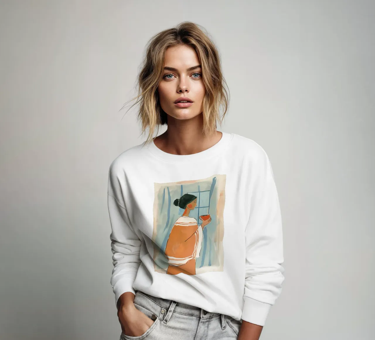 Woman with Coffee sweatshirt by Sienna Atelier