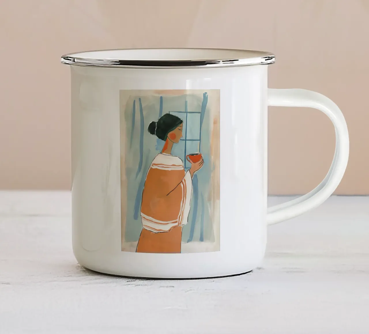 Donna con caffè tazza in smalto da Sienna Atelier