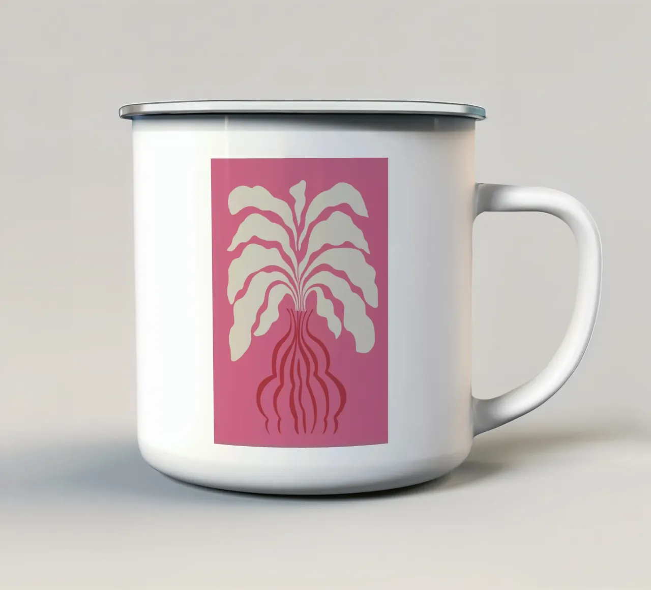 Minimal leaf and vase emaille mok van Miho Art Studio