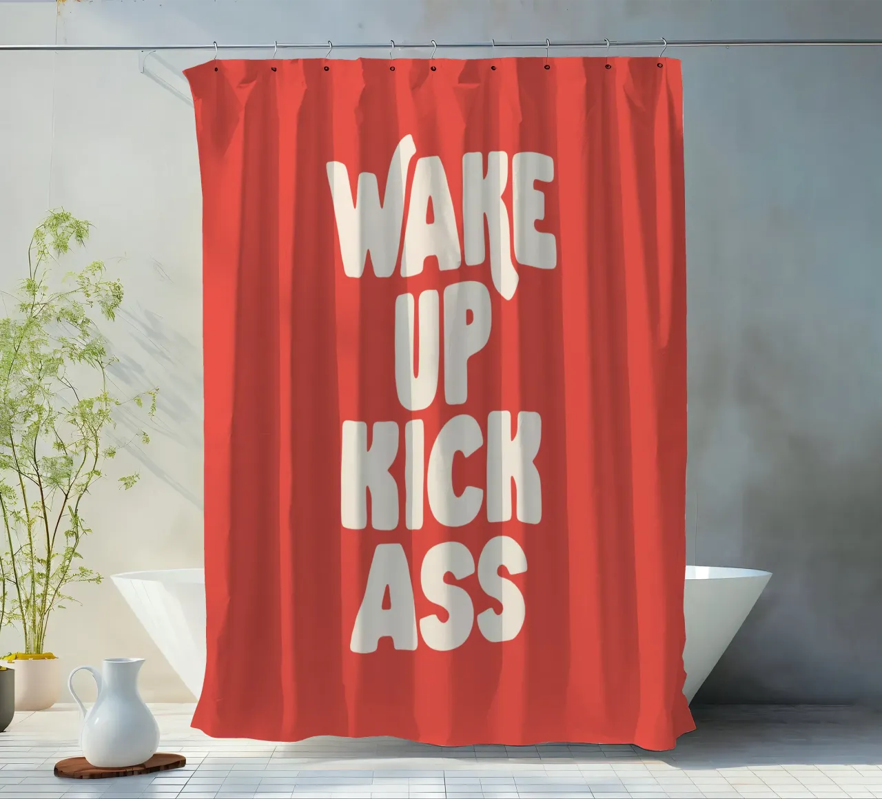 Wake Up Kick Ass Typography Design tenda da doccia da THE MOTIVATED TYPE