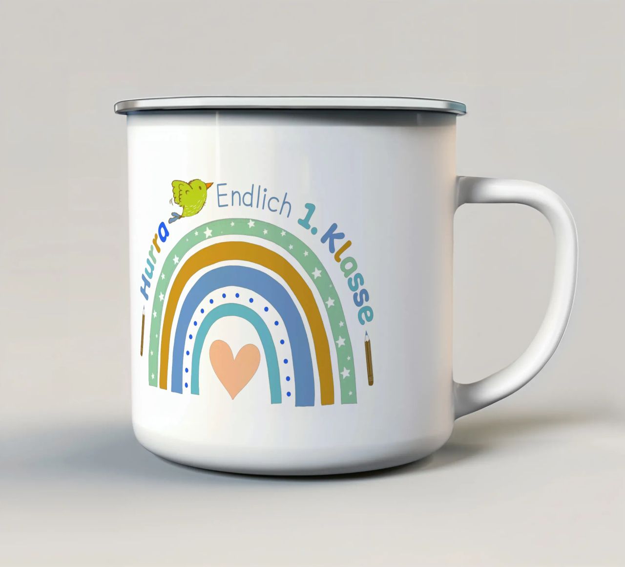 Urrà. Finalmente andrò in prima classe. tazza in smalto da CalliLetters