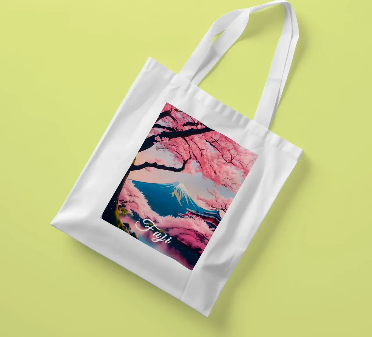 Fuji Giappone Scena di ciliegi in fiore borsa in juta da Charnwood Prints