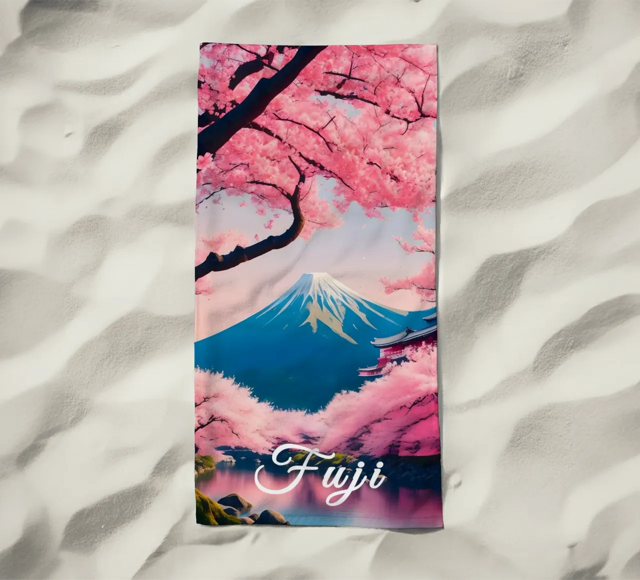 Fuji Giappone Scena di ciliegi in fiore telo mare da Charnwood Prints