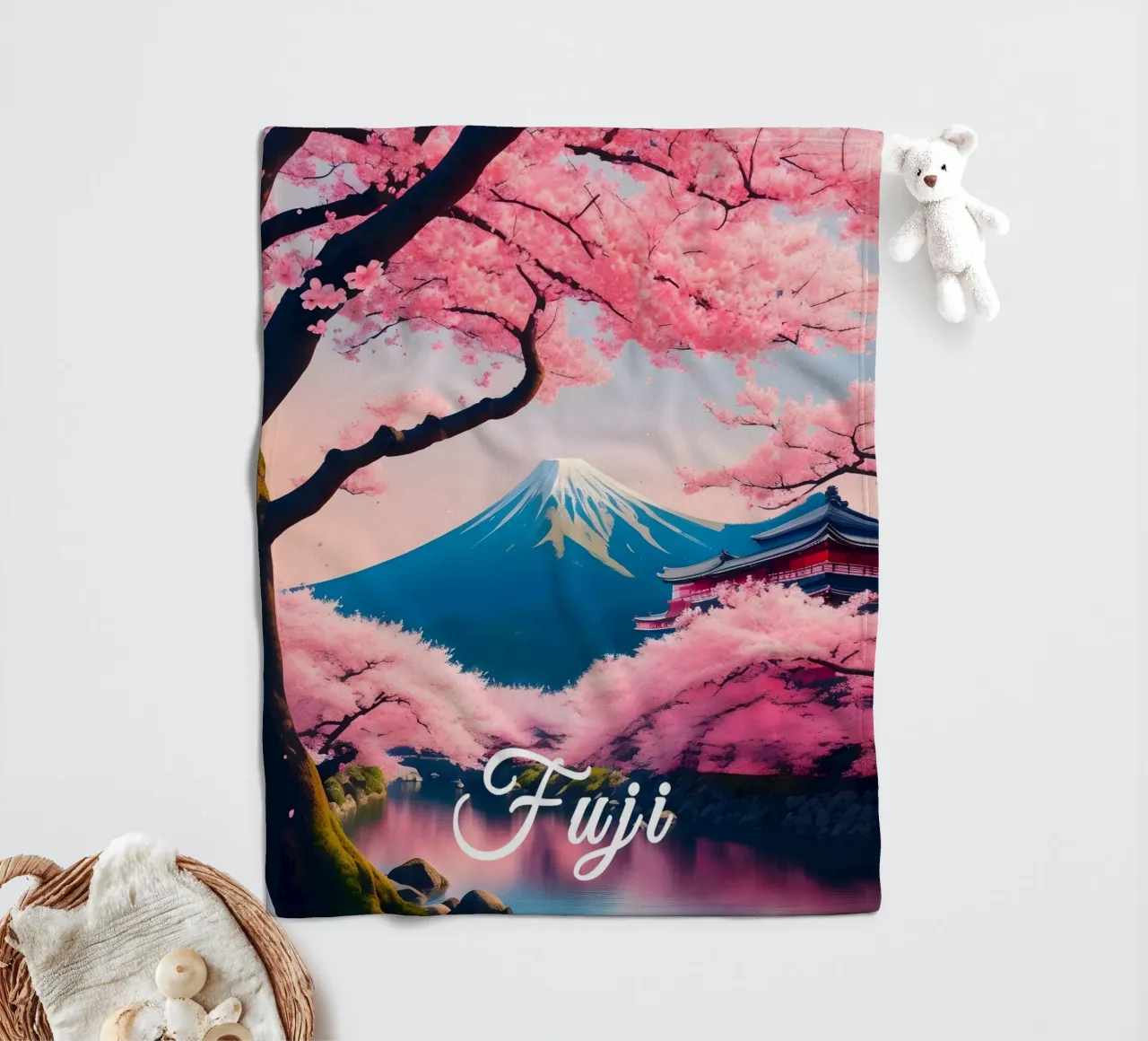 Fuji Giappone Scena di ciliegi in fiore coperta in pile da Charnwood Prints