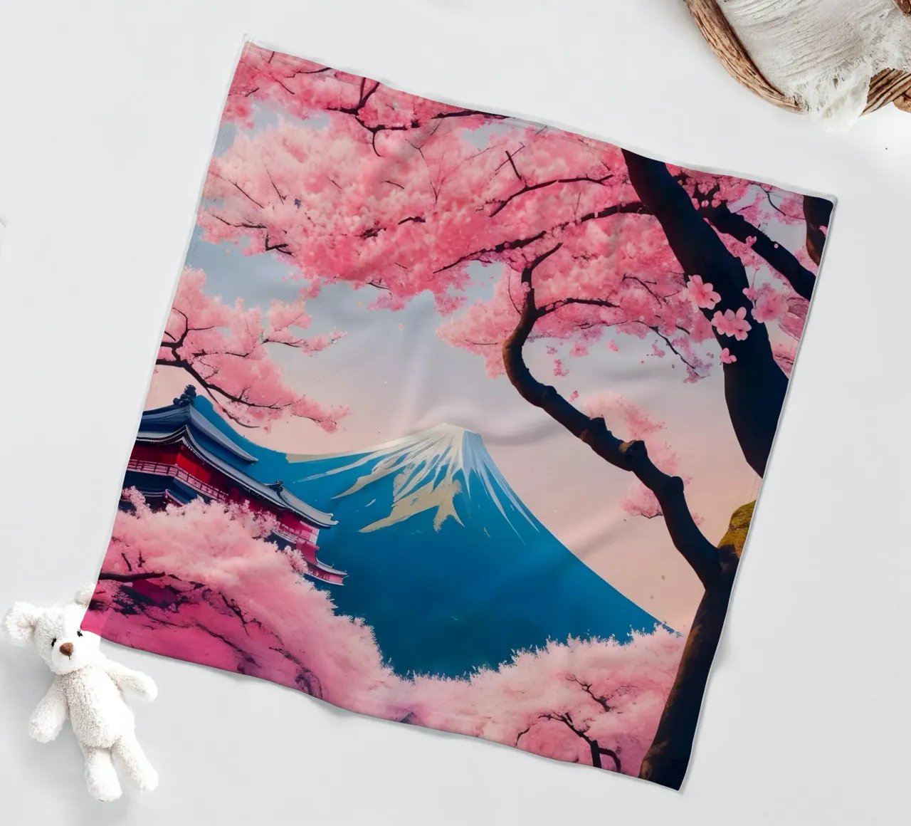 Fuji Giappone Scena di ciliegi in fiore coperta in pile da Charnwood Prints