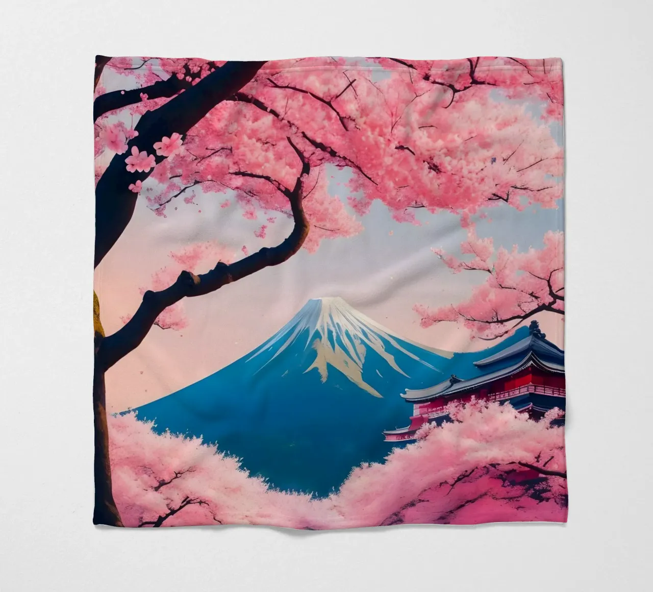Fuji Giappone Scena di ciliegi in fiore coperta in pile da Charnwood Prints