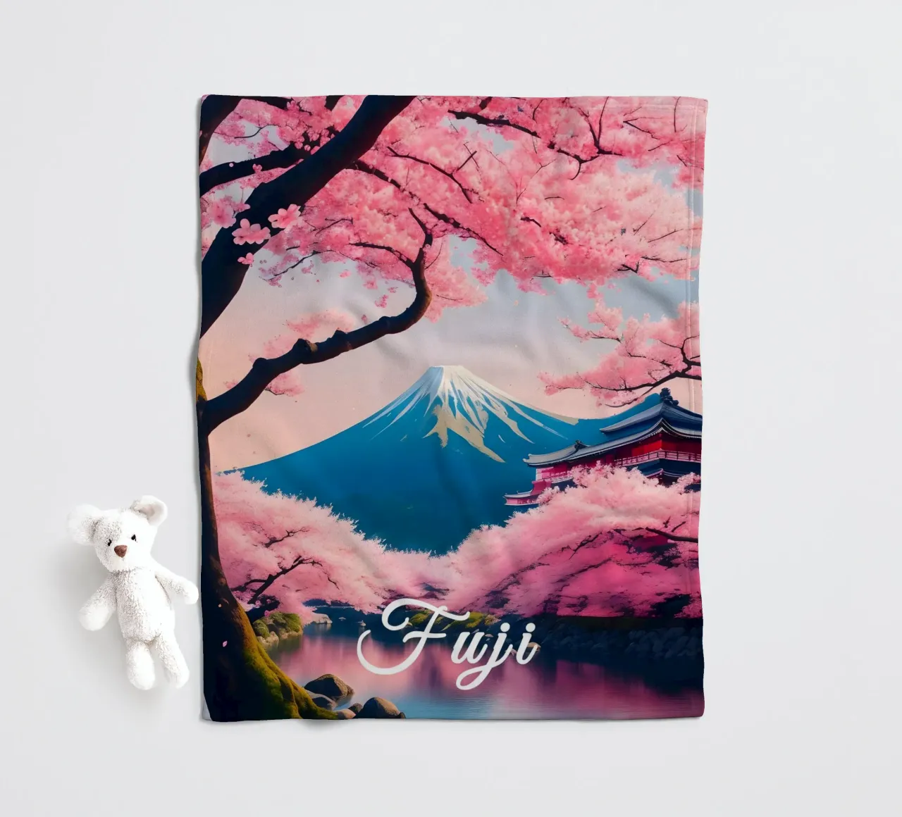 Fuji Giappone Scena di ciliegi in fiore coperta in pile da Charnwood Prints