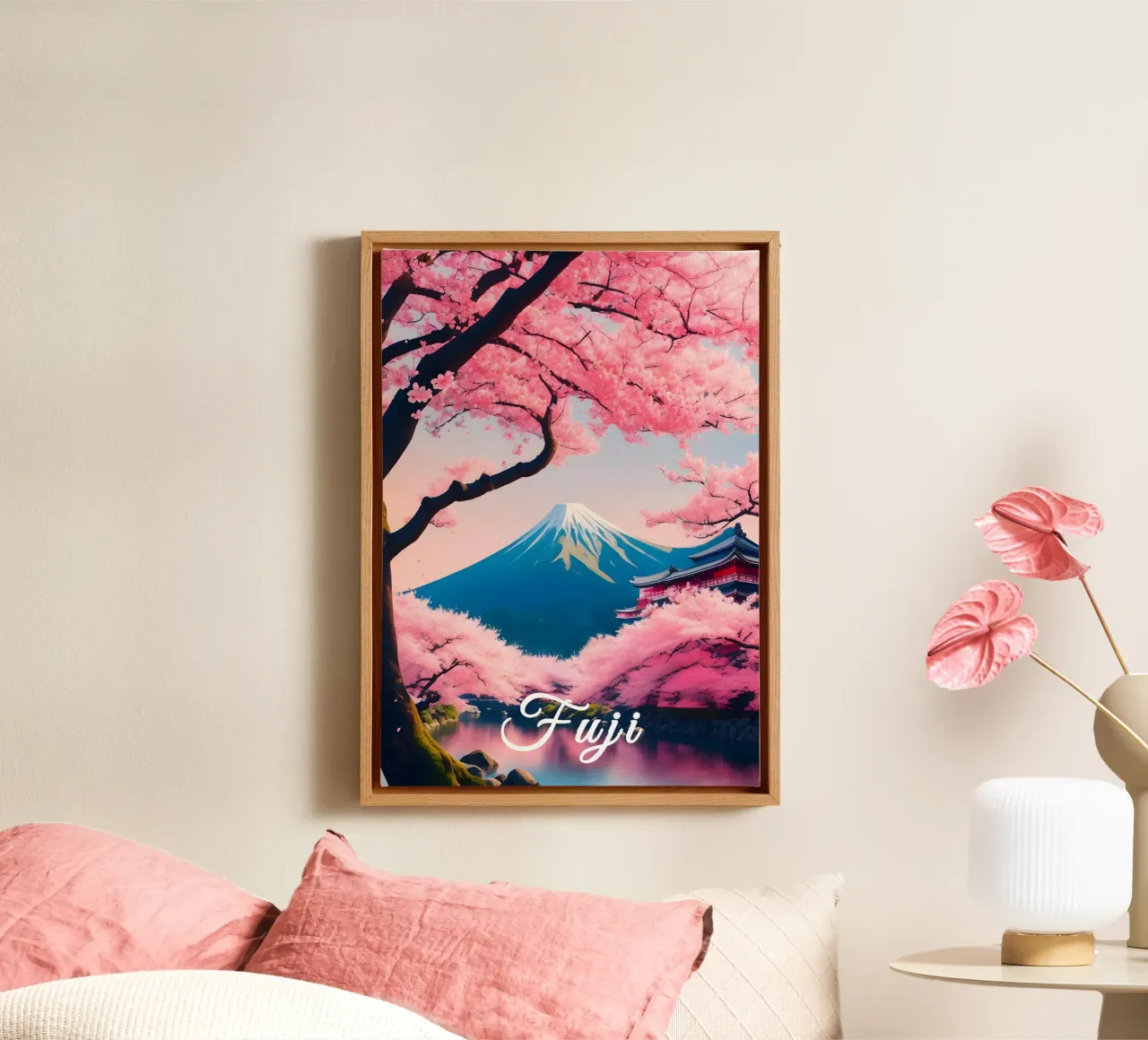 Fuji Giappone Scena di ciliegi in fiore tela con Cornice a cassetta da Charnwood Prints