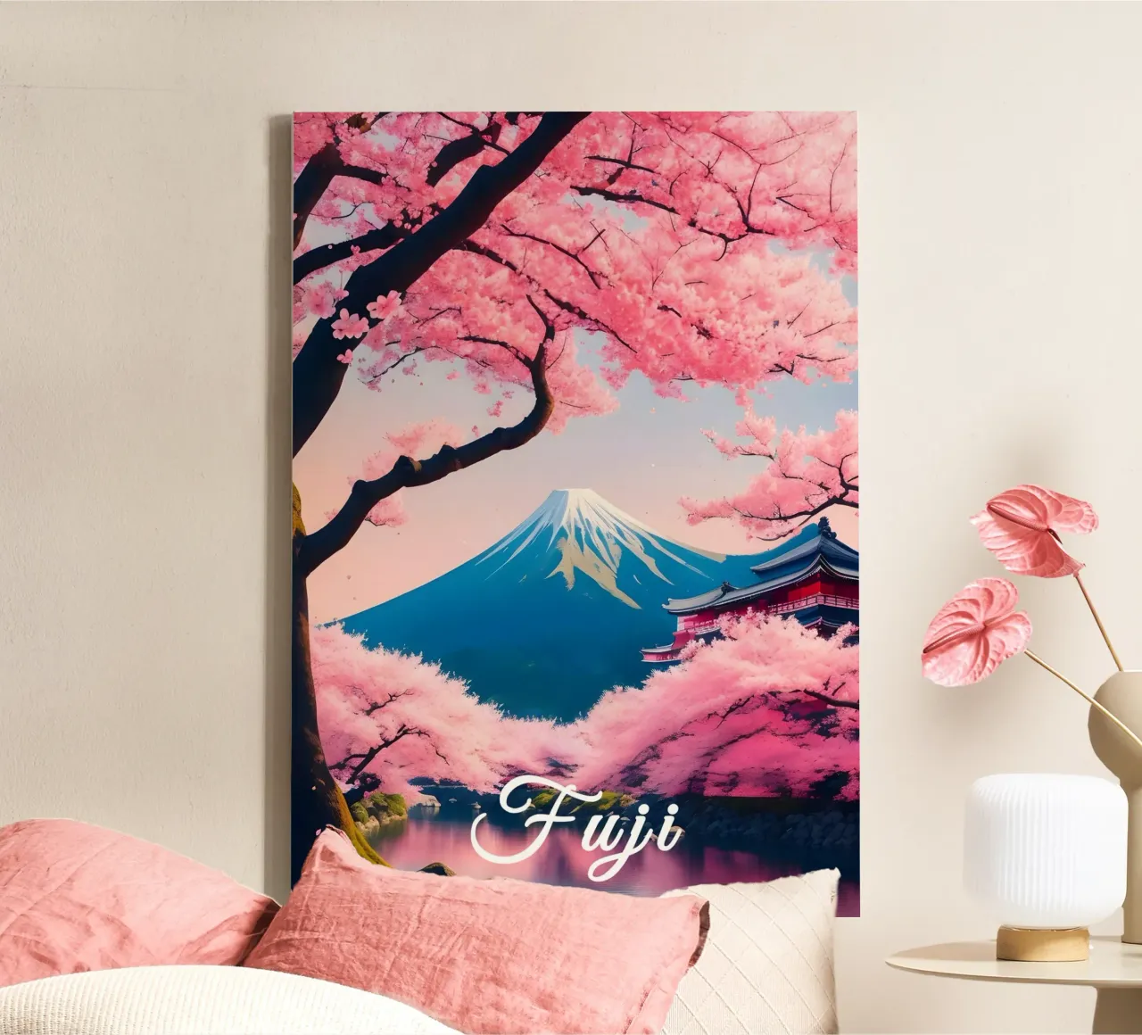 Fuji Giappone Scena di ciliegi in fiore tela con Cornice a cassetta da Charnwood Prints