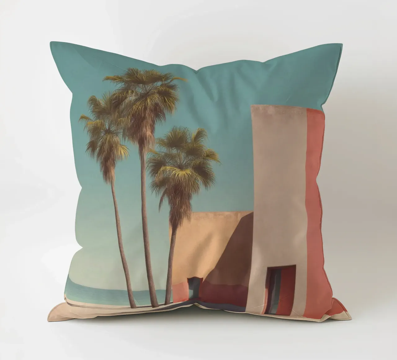 Palm trees and minimalist architecture on the water's edge decorative cushion by Affiches Minimalistes