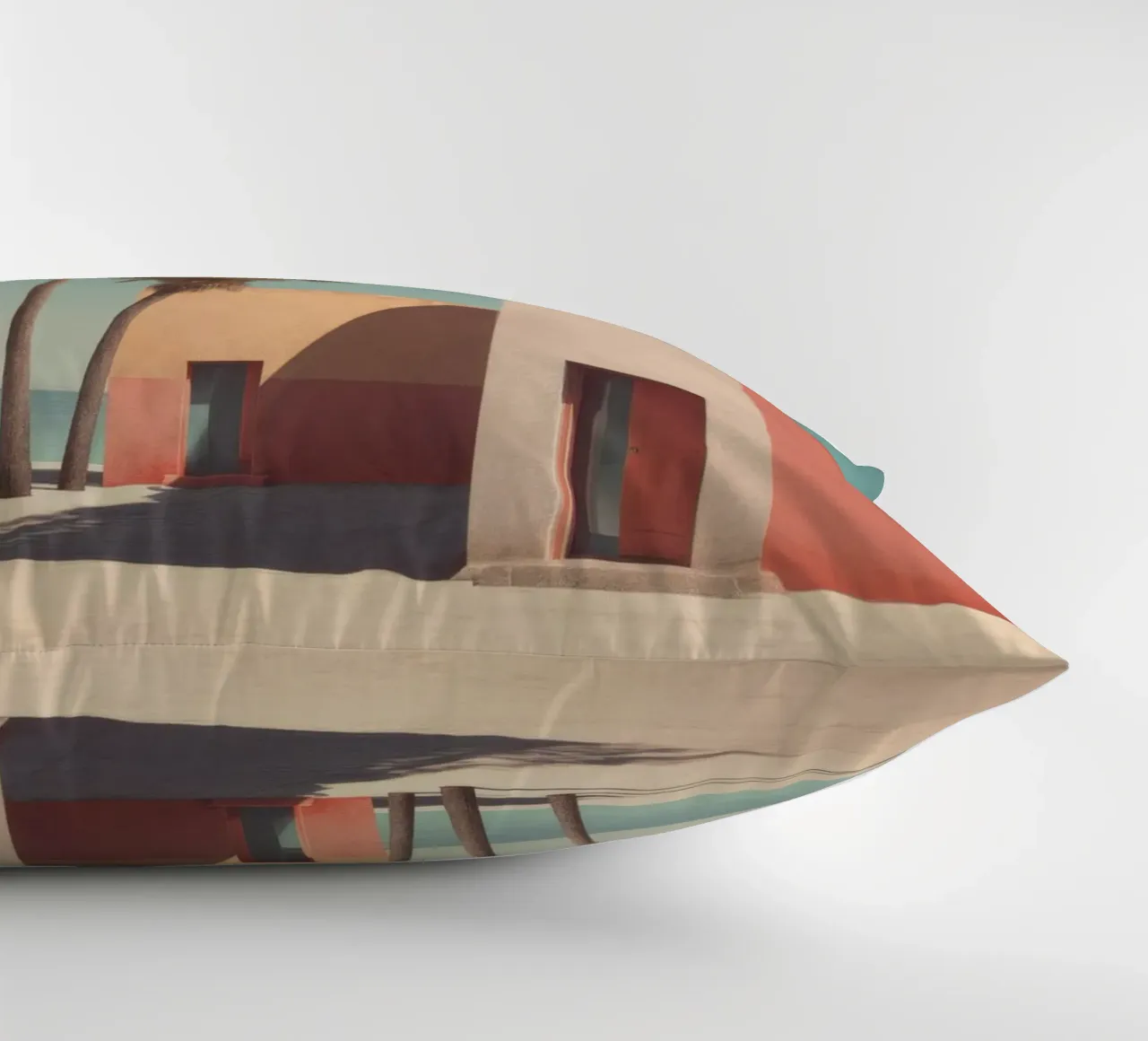 Palm trees and minimalist architecture on the water's edge decorative cushion by Affiches Minimalistes