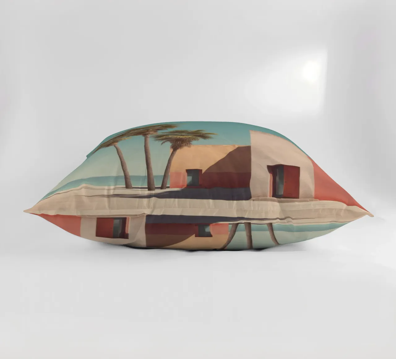 Palm trees and minimalist architecture on the water's edge decorative cushion by Affiches Minimalistes