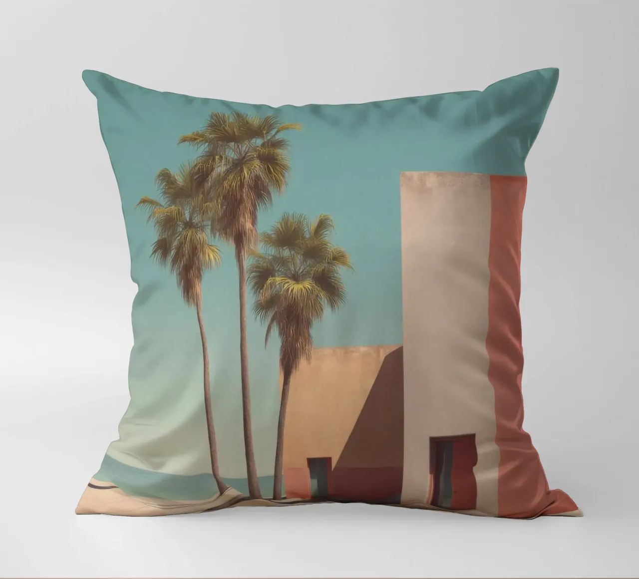 Palm trees and minimalist architecture on the water's edge decorative cushion by Affiches Minimalistes