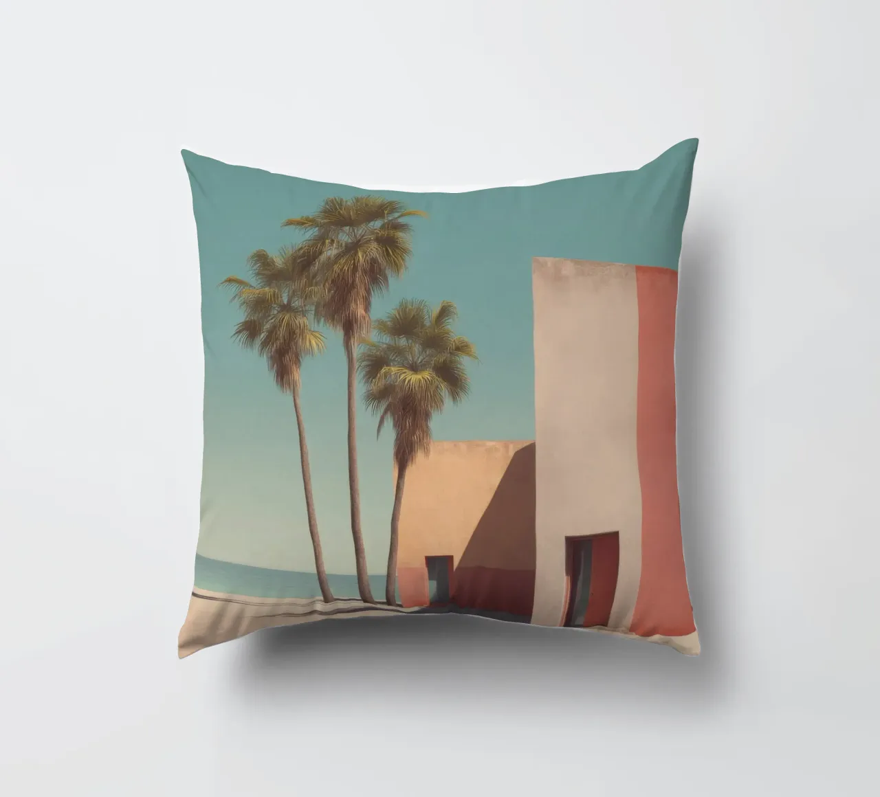 Palm trees and minimalist architecture on the water's edge decorative cushion by Affiches Minimalistes