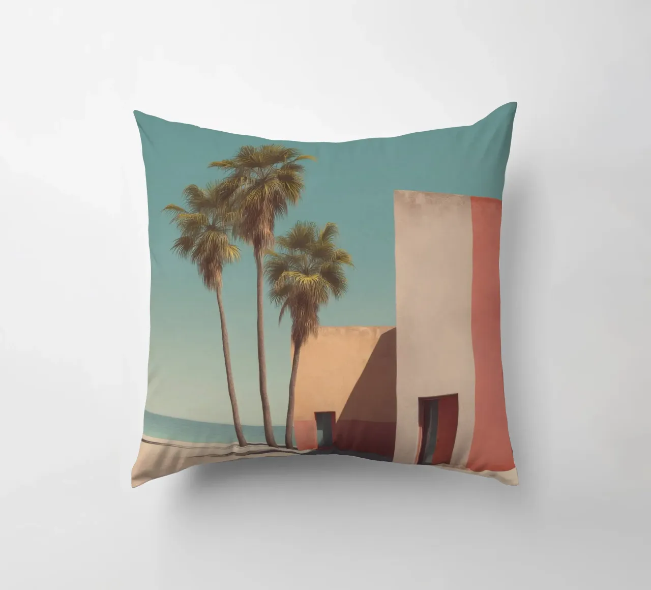 Palm trees and minimalist architecture on the water's edge decorative cushion by Affiches Minimalistes