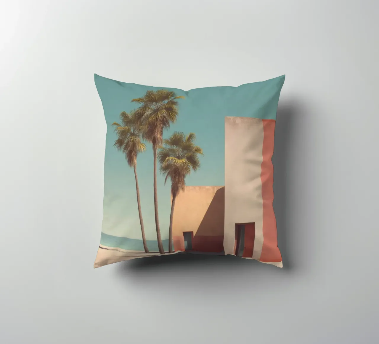 Palm trees and minimalist architecture on the water's edge decorative cushion by Affiches Minimalistes