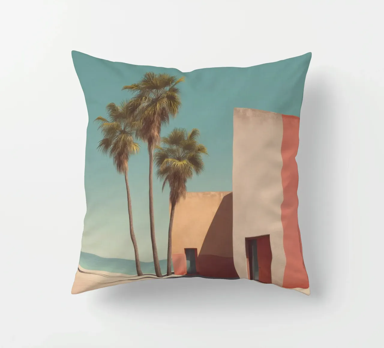 Palm trees and minimalist architecture on the water's edge decorative cushion by Affiches Minimalistes
